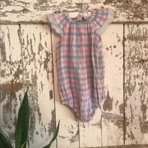 Baby Bubble Romper pink and blue seersucker